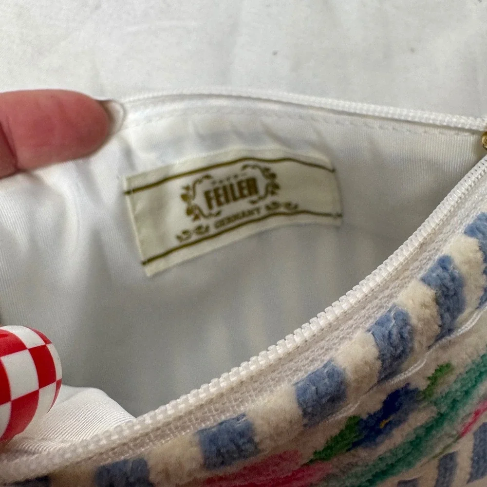 Feiler Germany Chenille Tapestry Pouch Blue White Striped Floral Cosmetic Bag